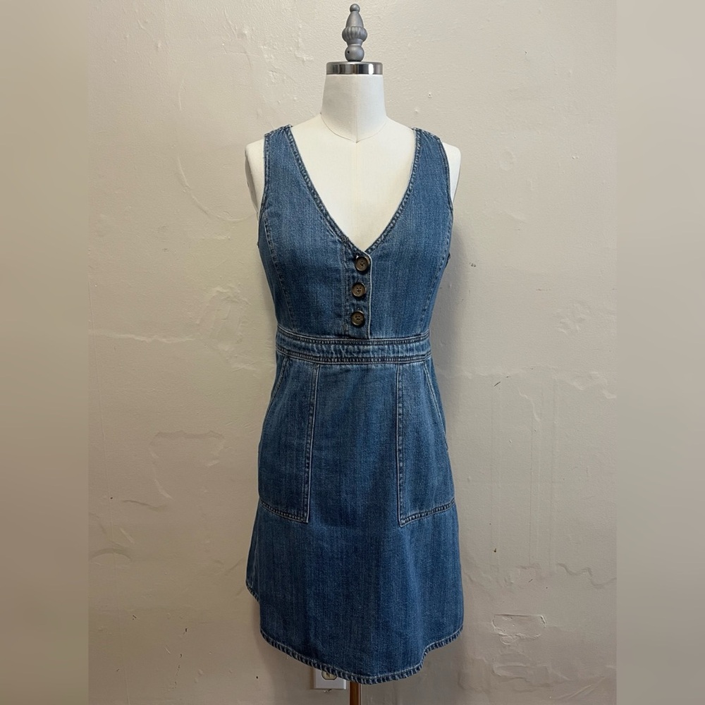 J. Crew Collection Denim Sleeveless V-Neck Button Front Dress Pockets Jumper